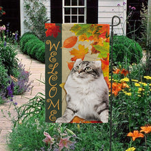 Load image into Gallery viewer, KafePross - Welcome Fall Cat Playing in the Maple Leaf Autumn Garden House Flag