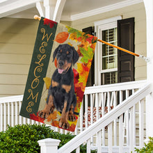 Load image into Gallery viewer, KafePross - Welcome Fall Doberman Playing in the Maple Leaf Autumn Garden House Flag