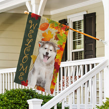 Load image into Gallery viewer, KafePross - Welcome Fall Alaskan Malamute Playing in the Maple Leaf Autumn Garden House Flag