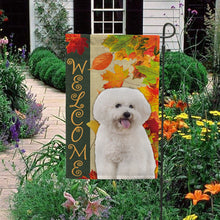 Load image into Gallery viewer, KafePross - Welcome Fall Bichon Frise Playing in the Maple Leaf Autumn Garden House Flag