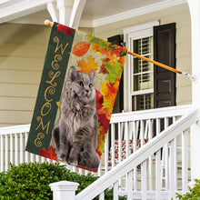 Load image into Gallery viewer, KafePross - Welcome Fall Cat Playing in the Maple Leaf Autumn Garden House Flag