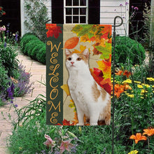 Load image into Gallery viewer, KafePross - Welcome Fall Cat Playing in the Maple Leaf Autumn Garden House Flag