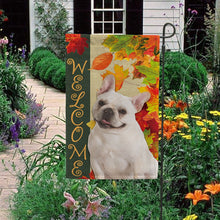 Load image into Gallery viewer, KafePross - Welcome Fall Bull Dog Playing in the Maple Leaf Autumn Garden House Flag