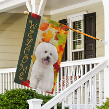 Load image into Gallery viewer, KafePross - Welcome Fall Bichon Frise Playing in the Maple Leaf Autumn Garden House Flag