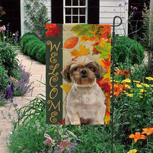 Load image into Gallery viewer, KafePross - Welcome Fall Shih Tzu Playing in the Maple Leaf Autumn Garden House Flag