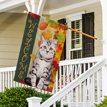 Load image into Gallery viewer, KafePross - Welcome Fall Cat Playing in the Maple Leaf Autumn Garden House Flag