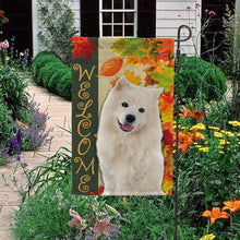Load image into Gallery viewer, KafePross - Welcome Fall Samoyed Playing in the Maple Leaf Autumn Garden House Flag