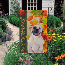 Load image into Gallery viewer, KafePross - Welcome Fall Bull Dog Playing in the Maple Leaf Autumn Garden House Flag