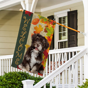 KafePross - Welcome Fall Havanese Playing in the Maple Leaf Autumn Garden House Flag