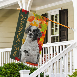 KafePross - Welcome Fall Shih Tzu Playing in the Maple Leaf Autumn Garden House Flag