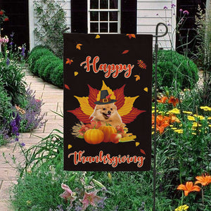 KafePross - Happy Thanksgiving Day Keeshond Pumpkin Maple Leaf Fall Give Thanks Dog Garden House Flag