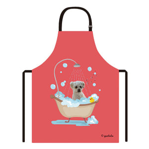 Cute Dog Apron Malpoo Taking Shower in a Bathtub