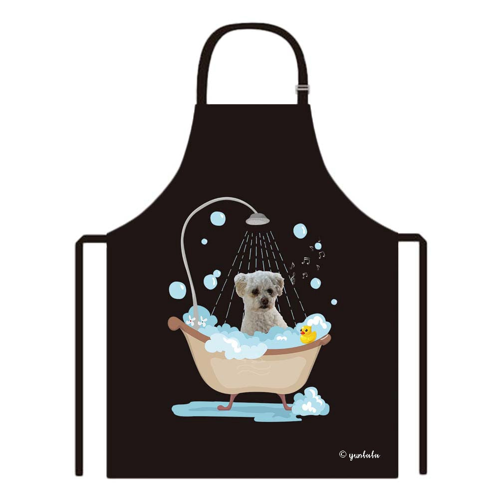 Cute Dog Apron Malpoo Taking Shower in a Bathtub