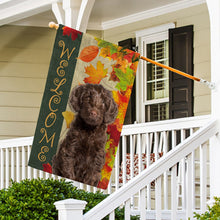 Load image into Gallery viewer, KafePross - Welcome Fall Labradoodle Playing in the Maple Leaf Autumn Garden House Flag
