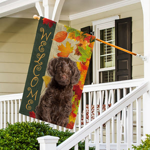 KafePross - Welcome Fall Labradoodle Playing in the Maple Leaf Autumn Garden House Flag