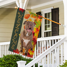 Load image into Gallery viewer, KafePross - Welcome Fall Pitbull Playing in the Maple Leaf Autumn Garden House Flag
