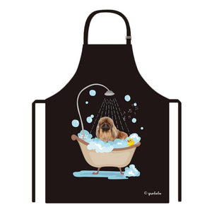 Cute Dog Apron Pekingese Taking Shower in a Bathtub