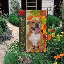 Load image into Gallery viewer, KafePross - Welcome Fall Staffordshire Bull Terrier Playing in the Maple Leaf Autumn Garden House Flag
