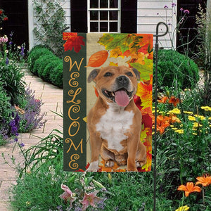 KafePross - Welcome Fall Staffordshire Bull Terrier Playing in the Maple Leaf Autumn Garden House Flag