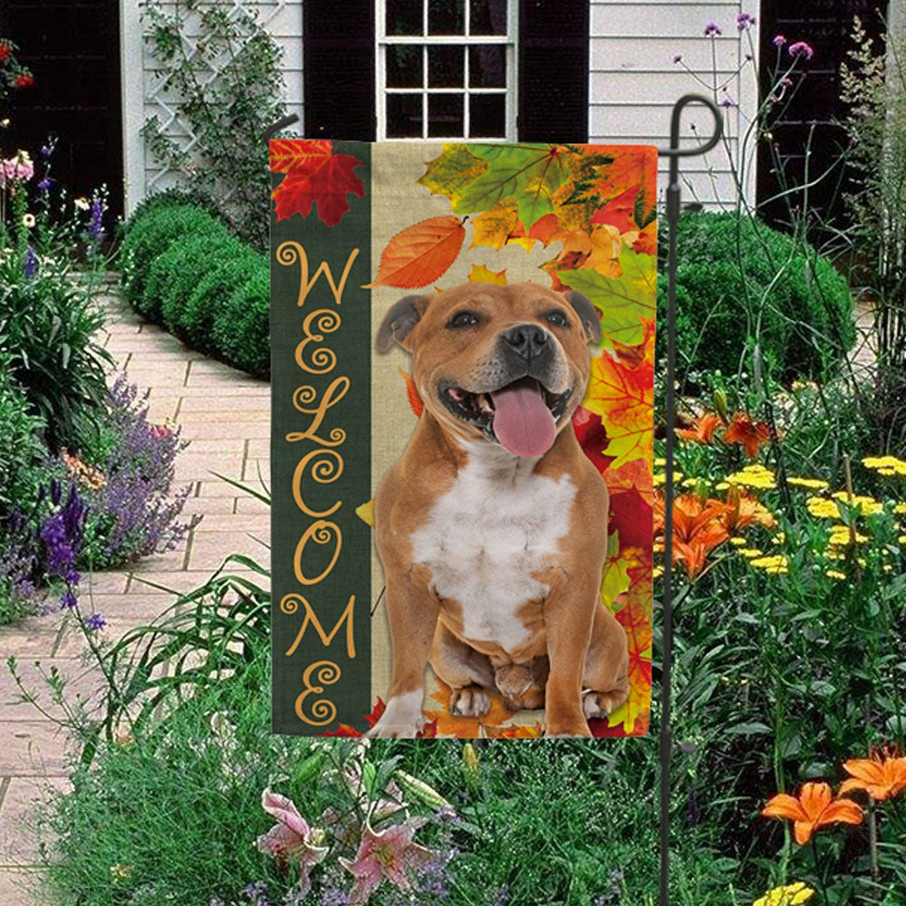 KafePross - Welcome Fall Staffordshire Bull Terrier Playing in the Maple Leaf Autumn Garden House Flag