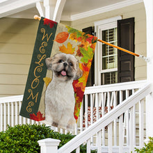 Load image into Gallery viewer, KafePross - Welcome Fall Shih Tzu Playing in the Maple Leaf Autumn Garden House Flag
