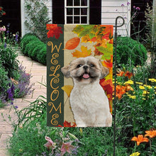 Load image into Gallery viewer, KafePross - Welcome Fall Shih Tzu Playing in the Maple Leaf Autumn Garden House Flag
