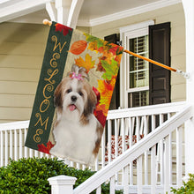 Load image into Gallery viewer, KafePross - Welcome Fall Shih Tzu Playing in the Maple Leaf Autumn Garden House Flag
