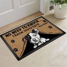 Load image into Gallery viewer, Personalized Doormat Peeking Dog Pit Bull No Need to Knock I Know You&#39;re Here
