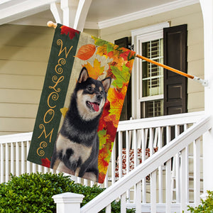 KafePross - Welcome Fall Shiba Inu Playing in the Maple Leaf Autumn Garden House Flag