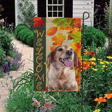 Load image into Gallery viewer, KafePross - Welcome Fall Brittany Dog Playing in the Maple Leaf Autumn Garden House Flag
