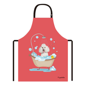 Cute Dog Apron Poodle Taking Shower in a Bathtub