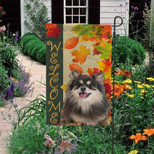 Load image into Gallery viewer, KafePross - Welcome Fall Pomeranian Playing in the Maple Leaf Autumn Garden House Flag
