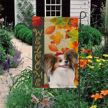 Load image into Gallery viewer, KafePross - Welcome Fall Papillon Playing in the Maple Leaf Autumn Garden House Flag
