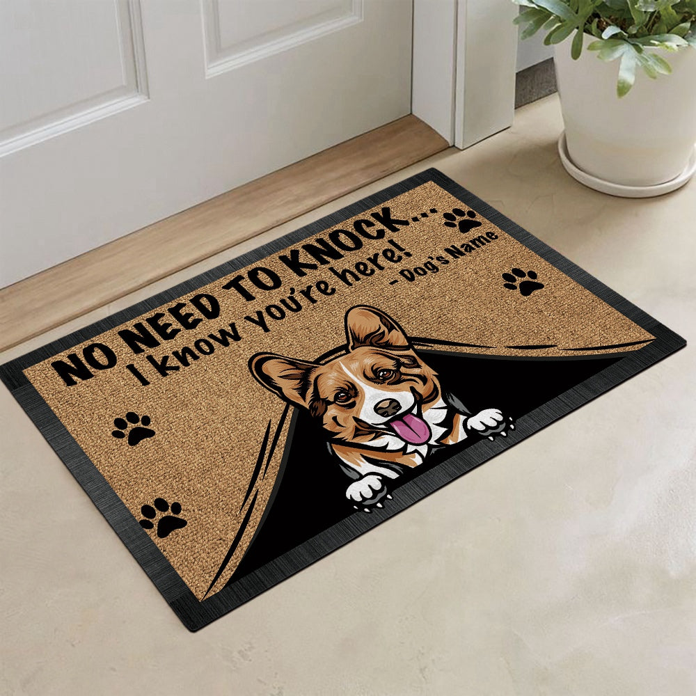 KafePross-Personalized Doormat Peeking Dog Pembroke Welsh Corgi No Need to Knock I Know You're Here