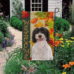 KafePross - Welcome Fall Labradoodle Playing in the Maple Leaf Autumn Garden House Flag