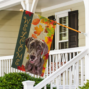 KafePross - Welcome Fall Weimaraner Dog Playing in the Maple Leaf Autumn Garden House Flag