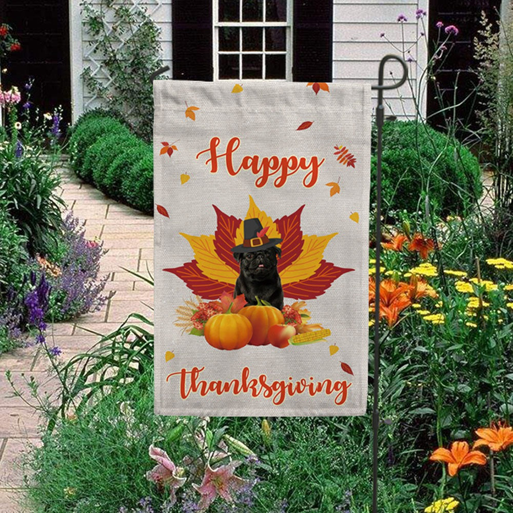 KafePross - Happy Thanksgiving Day Black Pug Dog Pumpkin Maple Leaf Fall Give Thanks Dog Garden House Flag