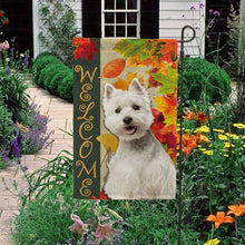 Load image into Gallery viewer, KafePross - Welcome Fall West Highland White Terrier Westie Playing in the Maple Leaf Autumn Garden House Flag
