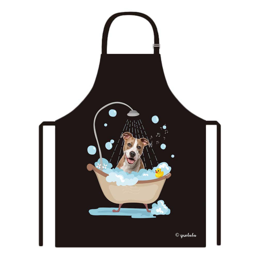 Cute Dog Apron Staffie Taking Shower in a Bathtub