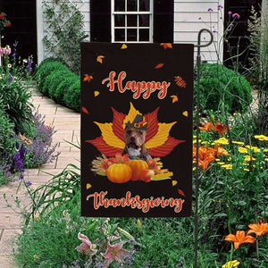 KafePross - Happy Thanksgiving Day PitBull Puppy Pumpkin Maple Leaf Fall Give Thanks Dog Garden House Flag