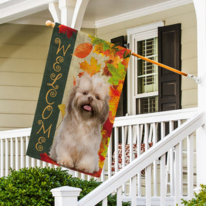 KafePross - Welcome Fall Shih Tzu Playing in the Maple Leaf Autumn Garden House Flag