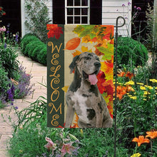 Load image into Gallery viewer, KafePross - Welcome Fall Great Dane Playing in the Maple Leaf Autumn Garden House Flag
