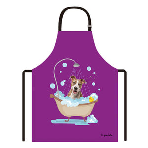 Cute Dog Apron Staffie Taking Shower in a Bathtub