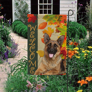 KafePross - Welcome Fall German Shepherd Dog Playing in the Maple Leaf Autumn Garden House Flag