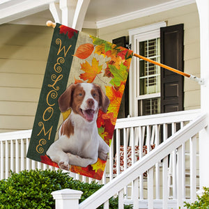 KafePross - Welcome Fall Brittany Dog Playing in the Maple Leaf Autumn Garden House Flag