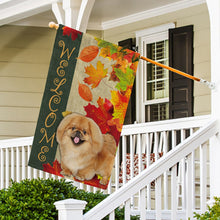 Load image into Gallery viewer, KafePross - Welcome Fall Pekingese Dog Playing in the Maple Leaf Autumn Garden House Flag
