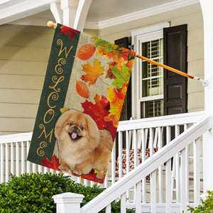 KafePross - Welcome Fall Pekingese Dog Playing in the Maple Leaf Autumn Garden House Flag