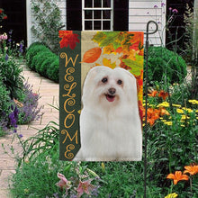 Load image into Gallery viewer, KafePross - Welcome Fall Maltese Playing in the Maple Leaf Autumn Garden House Flag
