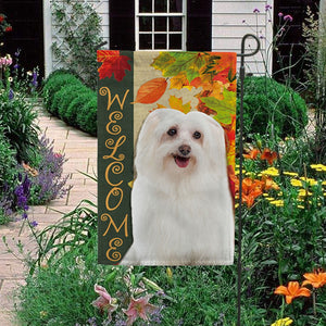 KafePross - Welcome Fall Maltese Playing in the Maple Leaf Autumn Garden House Flag