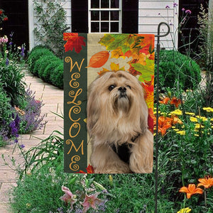 KafePross - Welcome Fall Lhasa Apso Playing in the Maple Leaf Autumn Garden House Flag